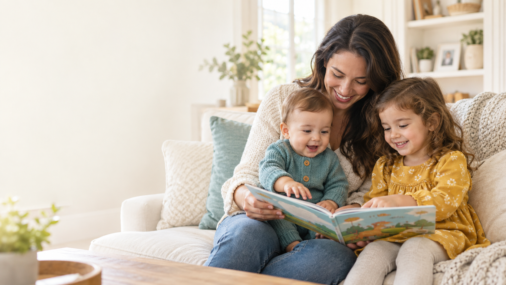 A mother reading with her baby and preschooler